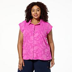 Nina Leonard Extended Shoulder Button Front Top