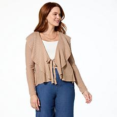 Nina Leonard Long Sleeve Ruffle Front Knit Cardigan