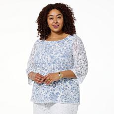 Nina Leonard Novelty Burnout 3/4 Sleeve Round Neck Top