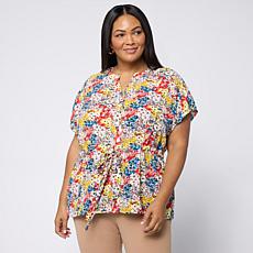 Nina Leonard Printed Button-Front Tie Waist Top