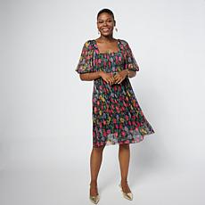 Nina Leonard Smocked Bodice Bubble-Sleeve Dress