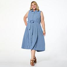 Nina Leonard Swiss Dot Sleeveless Button Front Midi Shirt Dress