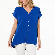 Nina Leonard Textured Wave Button Down Top