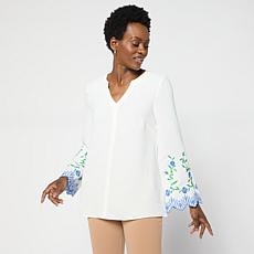 Nina Leonard Textured Wave Knit Embroidered Bell-Sleeve Top
