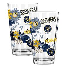 Official MLB Flower-Design & Logo 16 oz. Pint Glass 2pk - Brewers