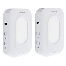 Philips 2-pk Surge Protector w/4 Outlets, 2 USB Ports and Nightlight