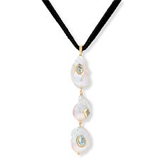Rarities 36" Blue Topaz and Cultured Pearl Black Suede Lariat Neckl...