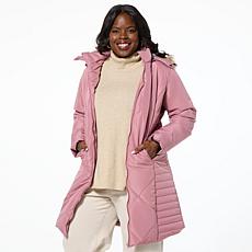 Sporto® Daisy Water-Resistant Quilted Long Coat with Removable Hood