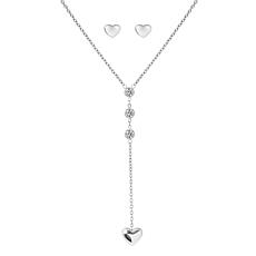 Stately Steel CZ Puffy Heart Lariat Necklace and Earring Set