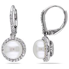 Sterling Silver 8-8.5mm Cultured Pearl and Diamond Halo Earrings