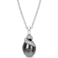 Sterling Silver 8-9mm Tahitian Black Pearl and Diamond Swirl Pendant 