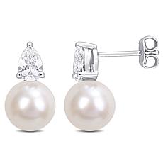 Sterling Silver 8.5-9mm Pearl and Created White Sapphire Earrings