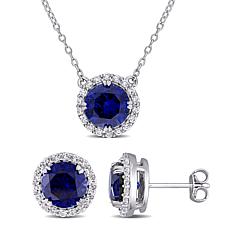 Sterling Silver Created Blue & White Sapphire Halo Necklace & Earrings