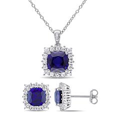 Sterling Silver Created Sapphire Diamond Accent Pendant and Earrings