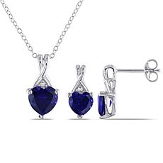 Sterling Silver Created Sapphire Heart Earrings, Pendant and Chain Set