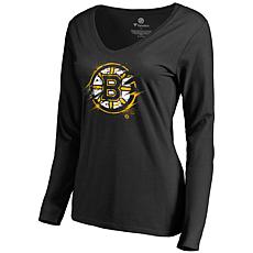 Women's Fanatics Black Boston Bruins Splatter Logo V-Neck Long Slee...