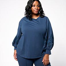 WynneCollection Embroidered Eyelet Sleeve Shirt 