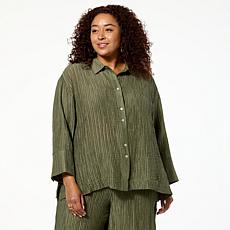 WynneCollection Textured Crinkle Button-Down Shirt