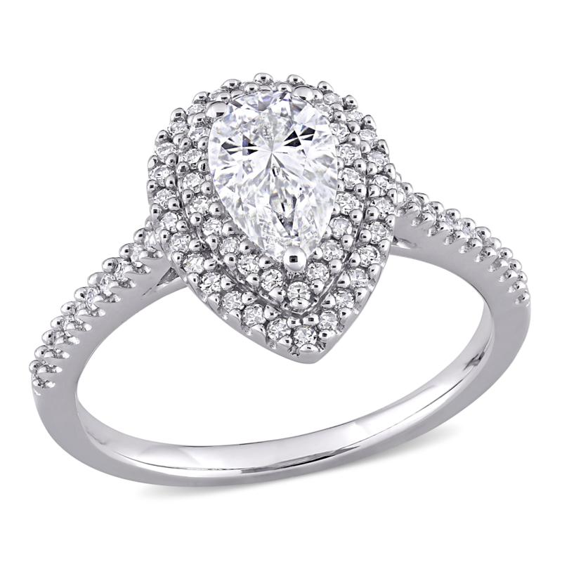10K White Gold 1ctw Moissanite and 0.34ctw Diamond Pear Halo Ring