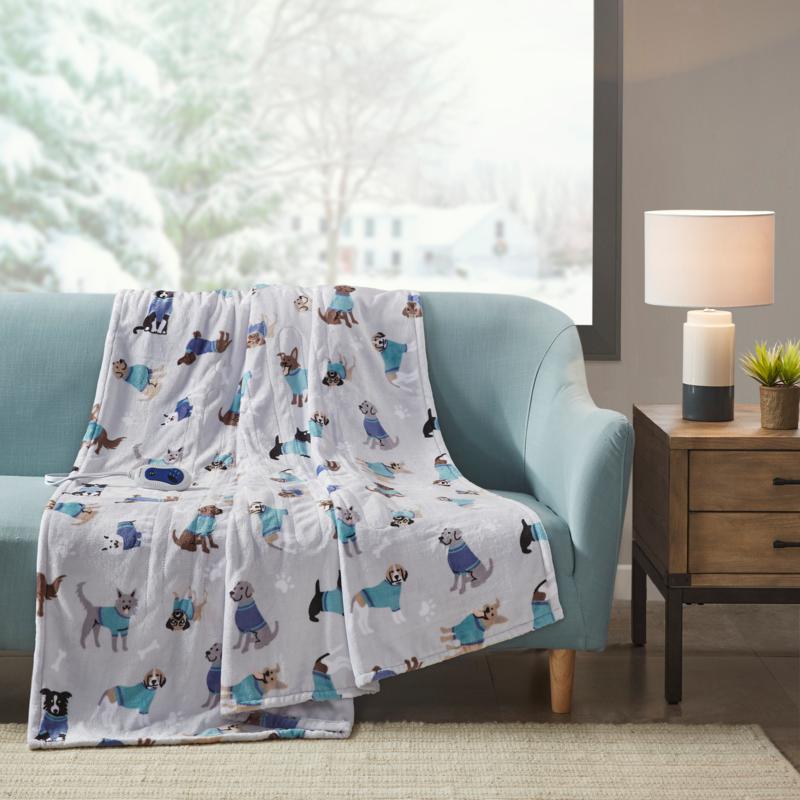 Beautyrest Oversized Plush Printed Heated Throw 60"x70" Grey Dogs