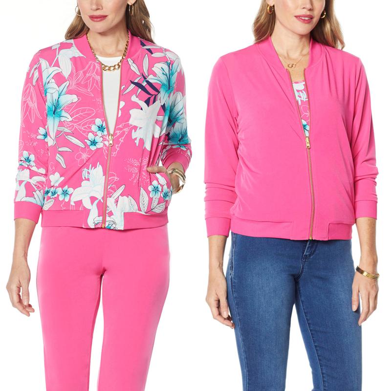 IMAN Global Chic Reversible Stretch Knit Bomber Jacket