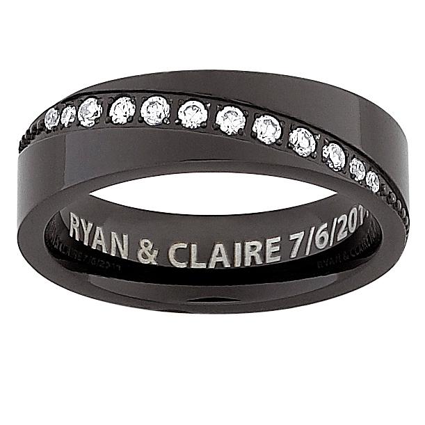 Mens Black Titanium Diagonal CZ Engraved Message Band