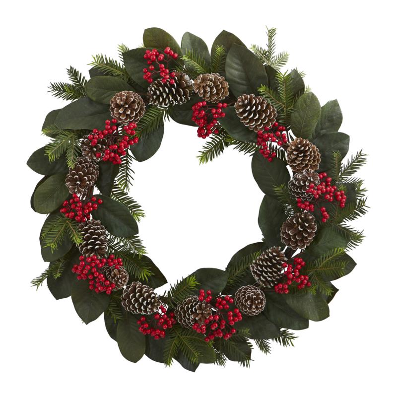 Nearly Natural Magnolia Leaf Berry Pine Pine Cone Artificial Wreath 9707826 Hsn