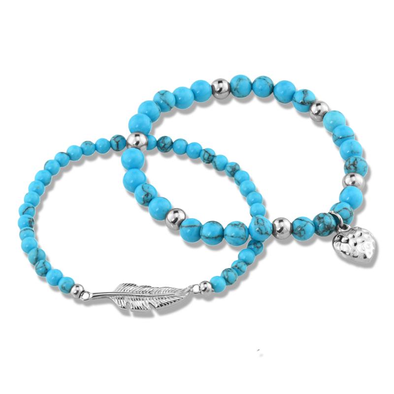 Stately Steel Blue Howlite Bead Stretch Bracelet Set of 2