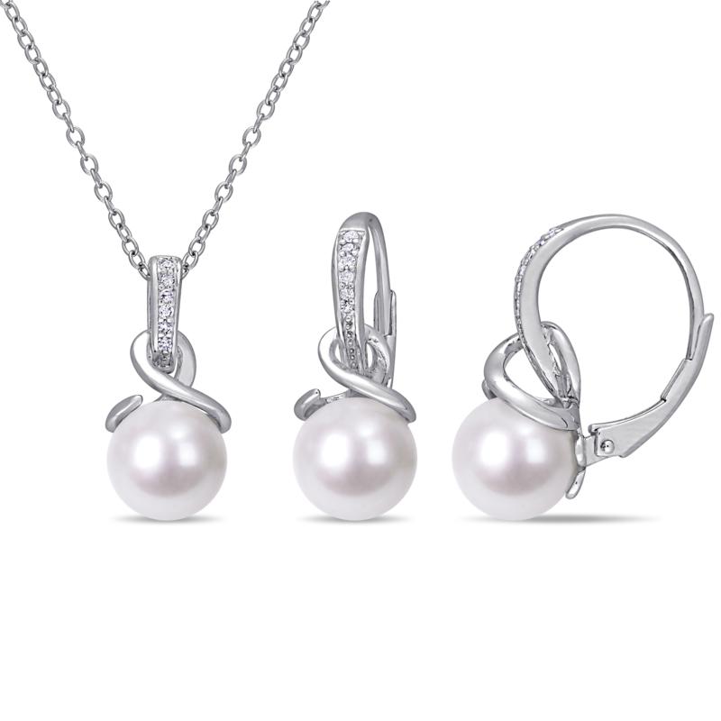Sterling Silver Cultured Pearl and Diamond Earrings and Pendant