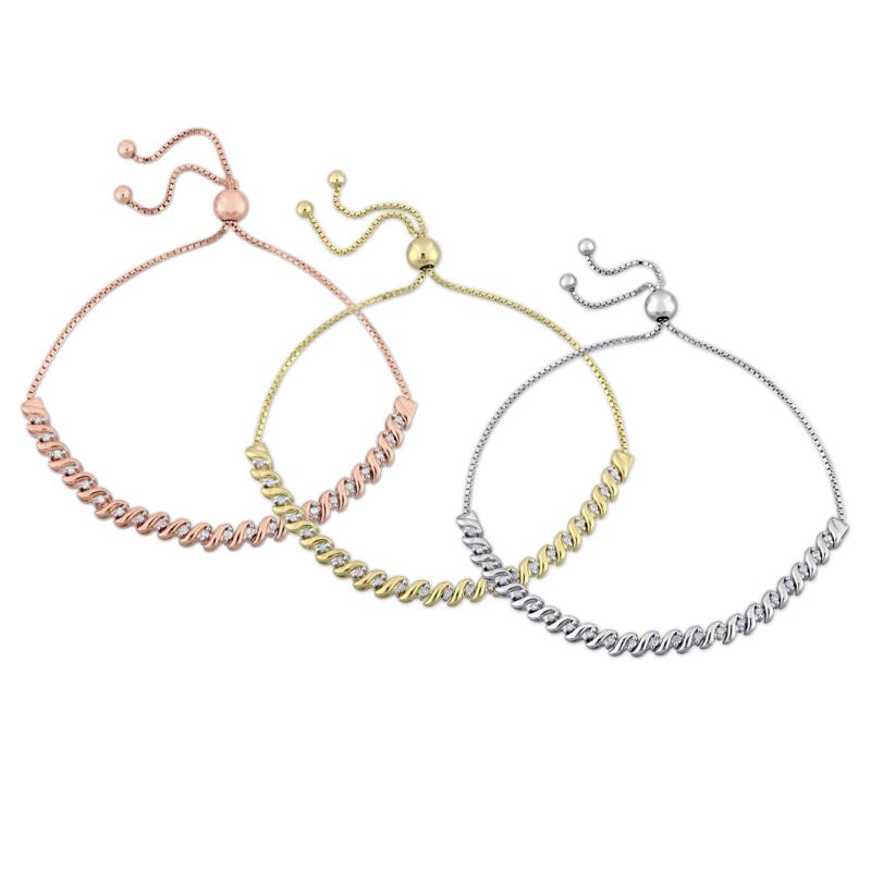 Three-Tone Sterling Silver 0.73ctw Diamond Bolo Bracelet 3-Piece Set