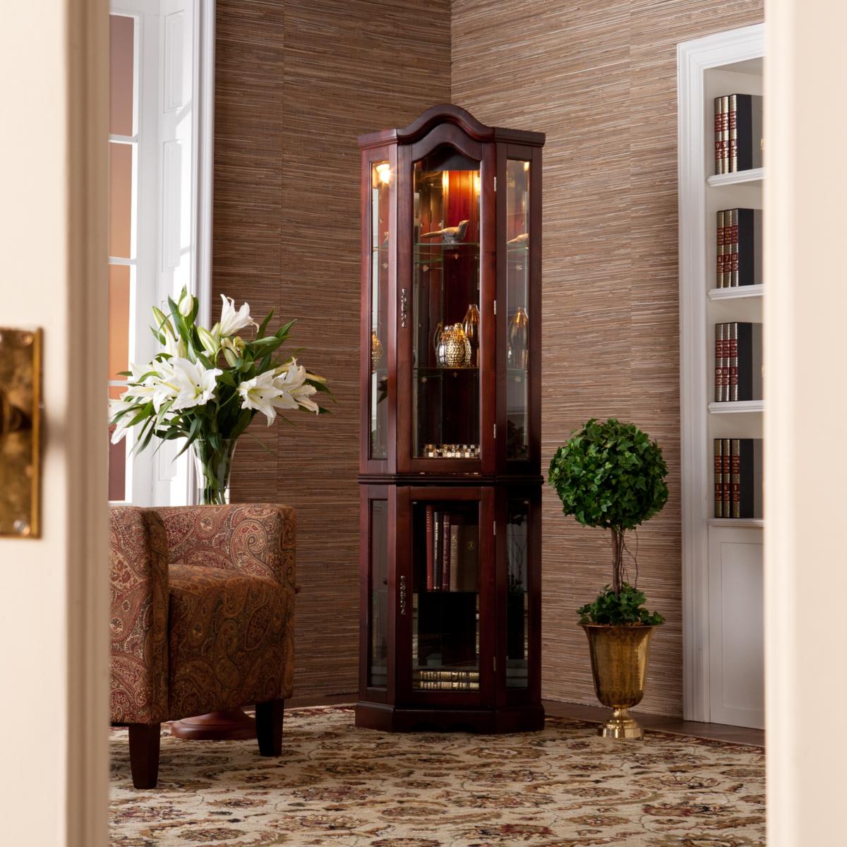 Lighted Corner Curio Cabinet with Mahogany Finish ...