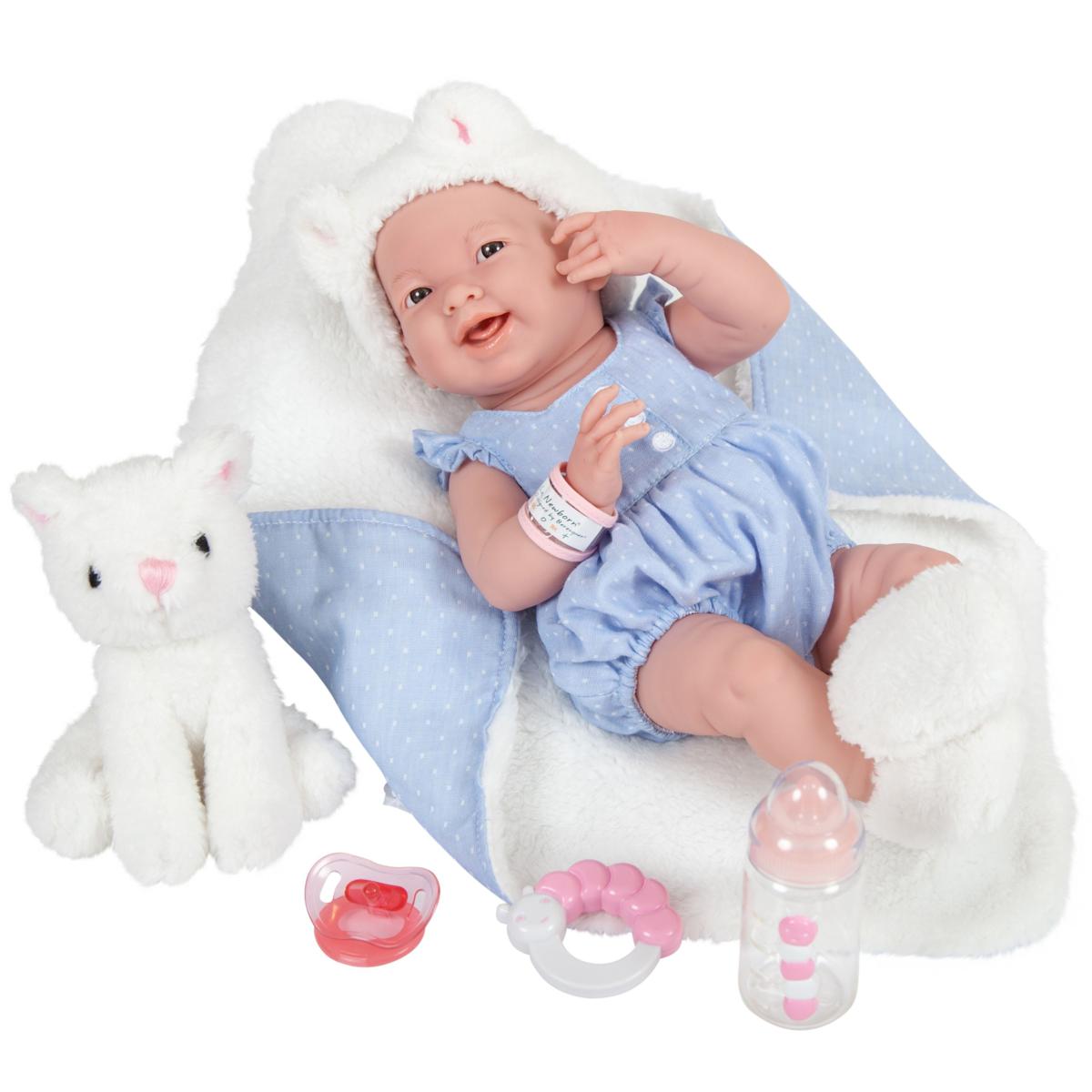 JC Toys La Newborn 15" Real Girl Baby Doll Blue Outfit & Pet Cat 20241129 HSN