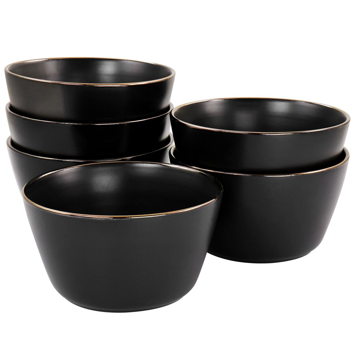 Elama Paul 6-Piece Stoneware Bowl Set in Matte Black with Gold Rim ...