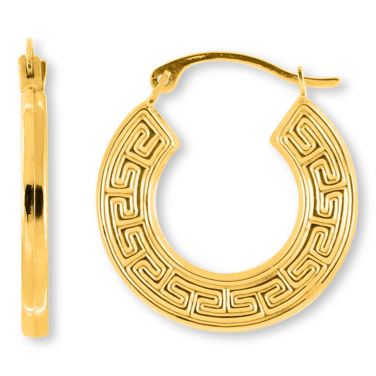 14k Yellow Gold Greek Key Hoop Earrings 17mm - Super Lite Hoop Style, Snap Closure, Signed, Gift Ready