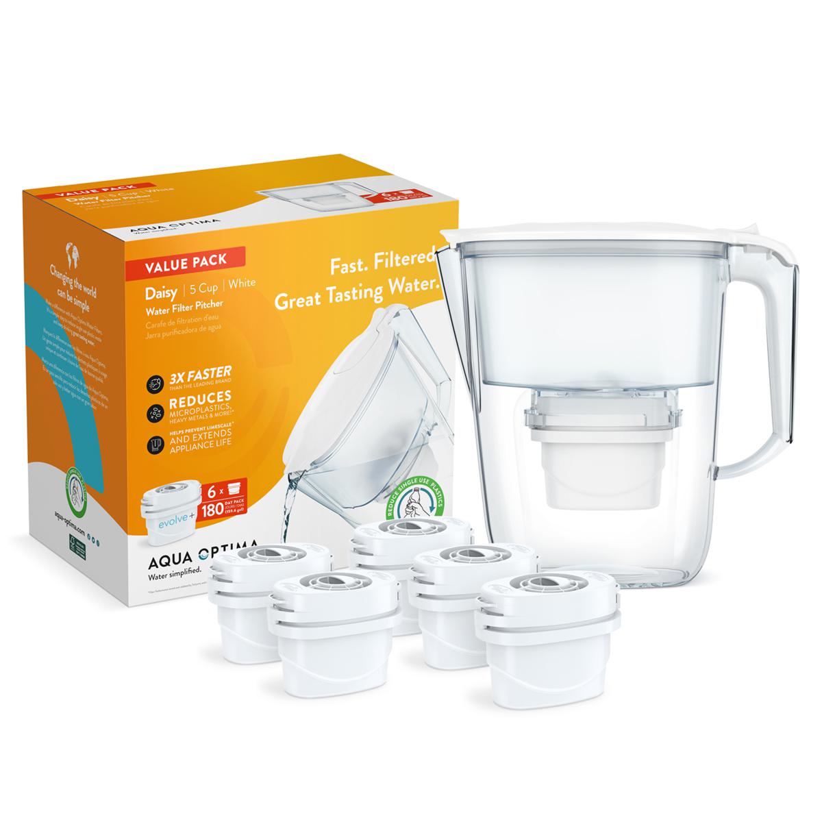 Aqua Optima Water Filter Pitcher Value Pack 6 Evolve+ Filter, BPA Free