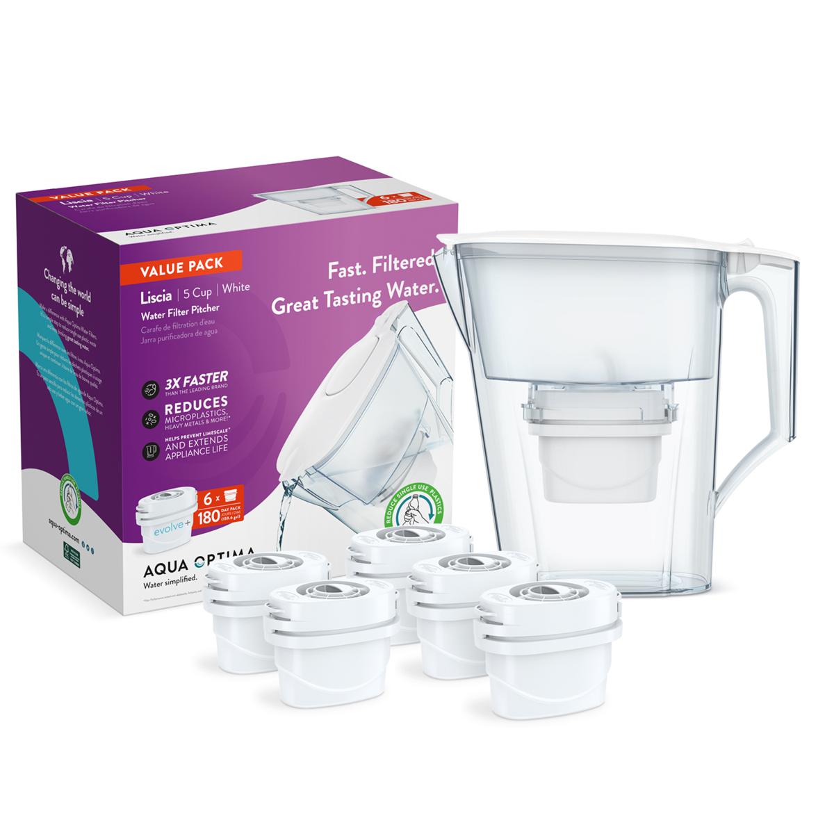 Aqua Optima Water Filter Pitcher Value Pack with 6 Evolve+ Filters
