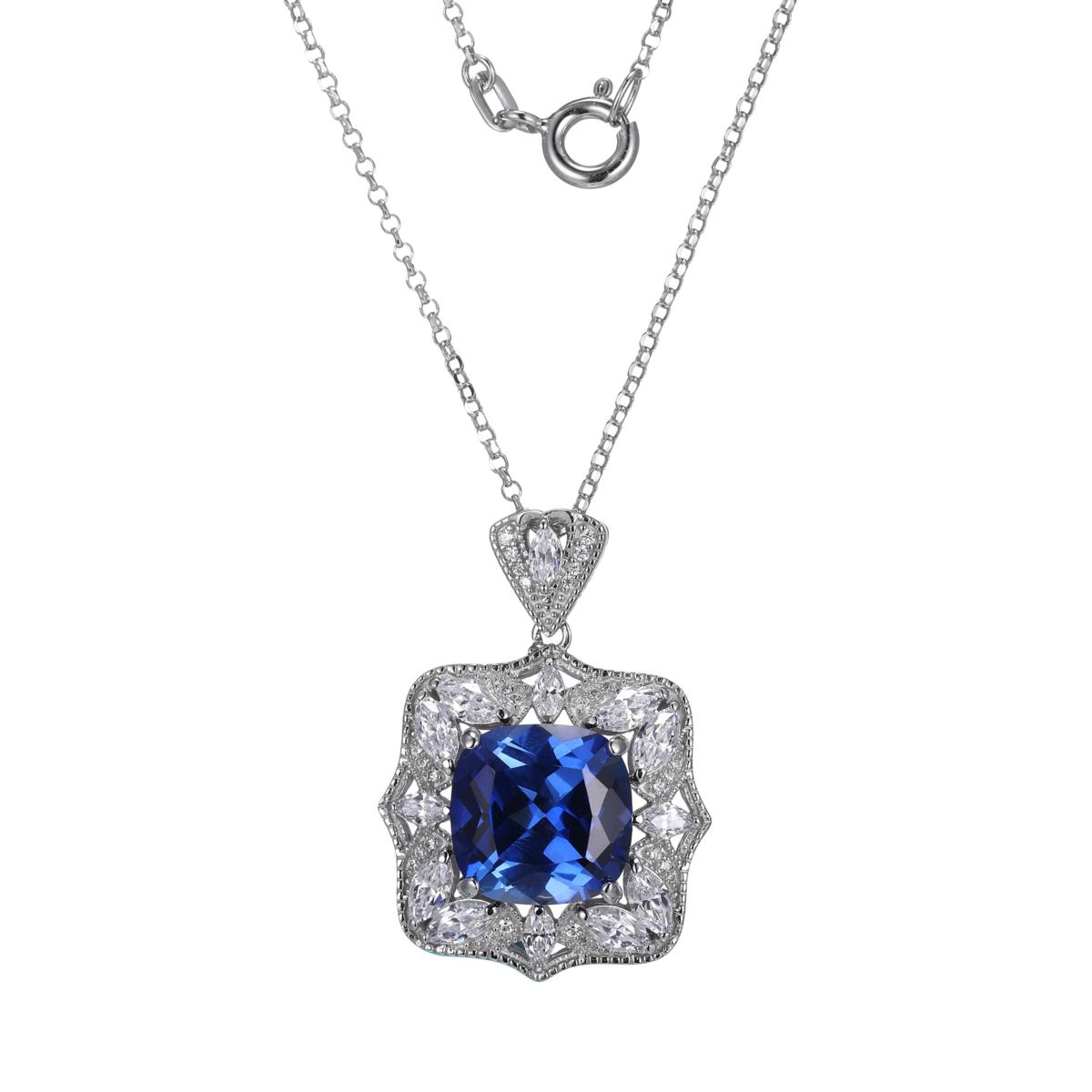 Sterling Silver Cushion-Cut Created Blue Sapphire and CZ Necklace ...