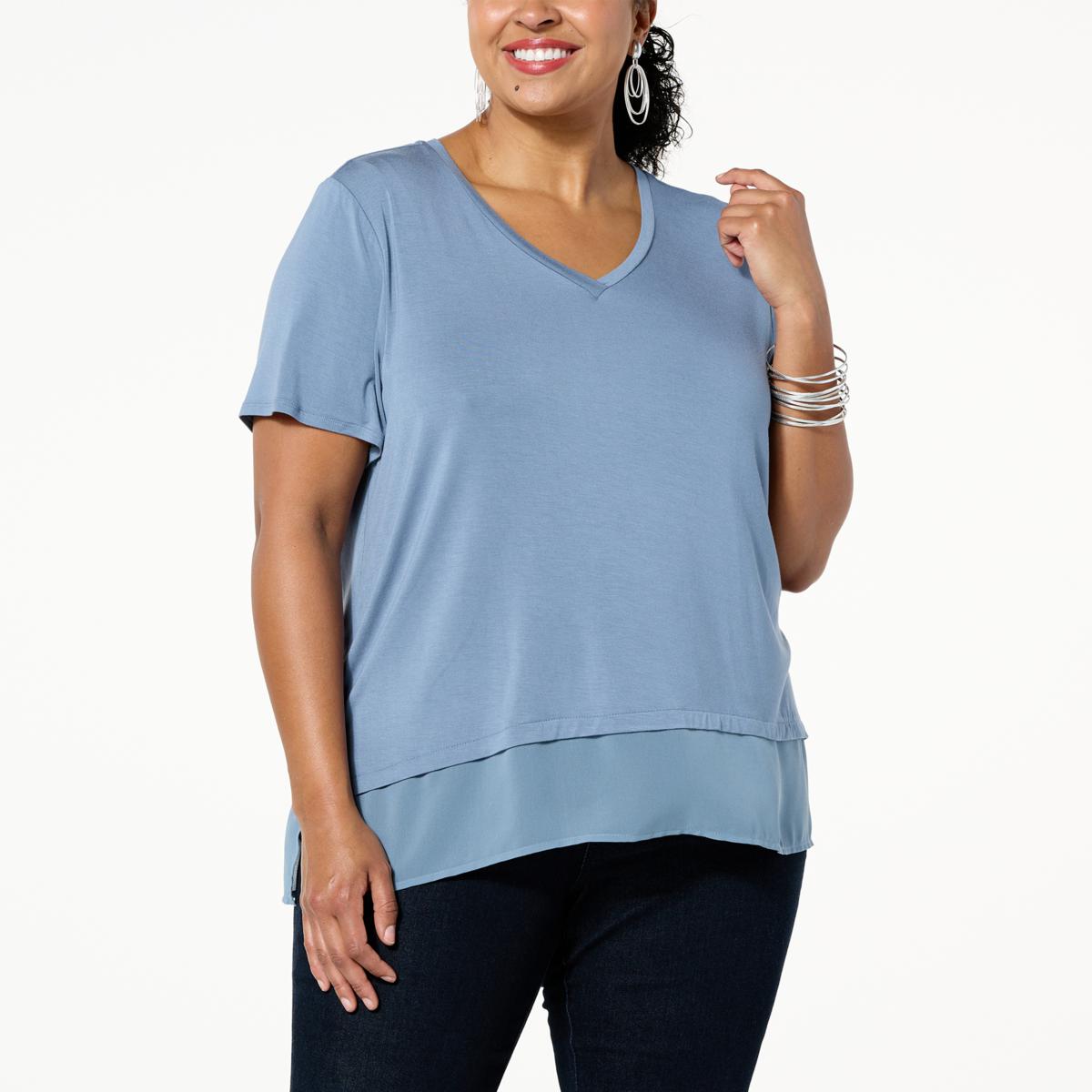 WynneLayers V-Neck Short Sleeve Tee with Chiffon Hem - 20638685 | HSN