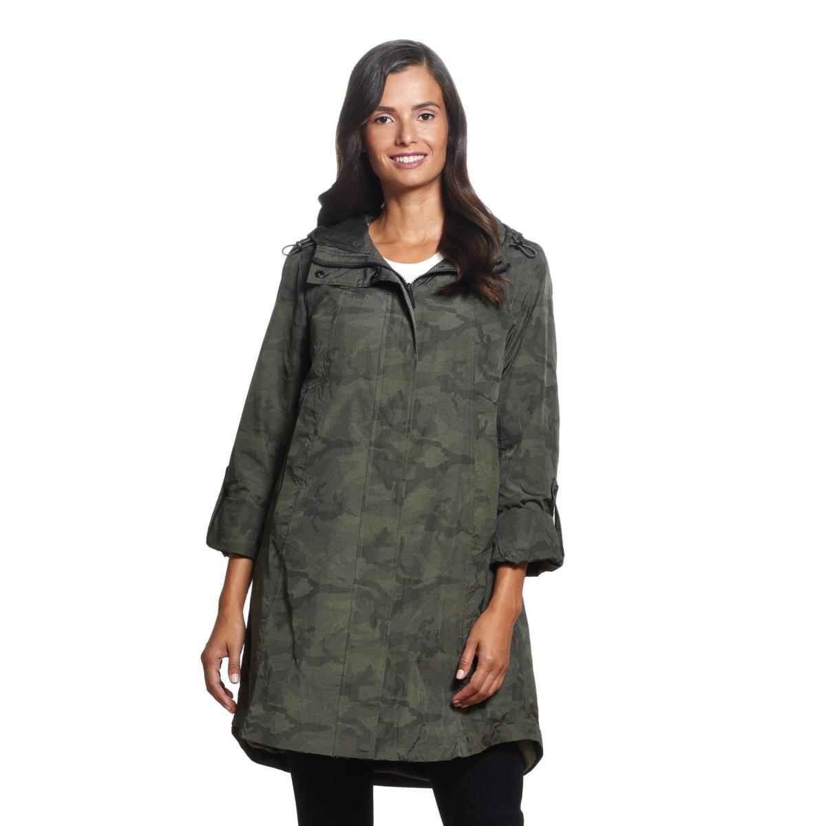 Ellen Tracy Camo Print Crinkle Raincoat w/Faux Fur 9819872 HSN