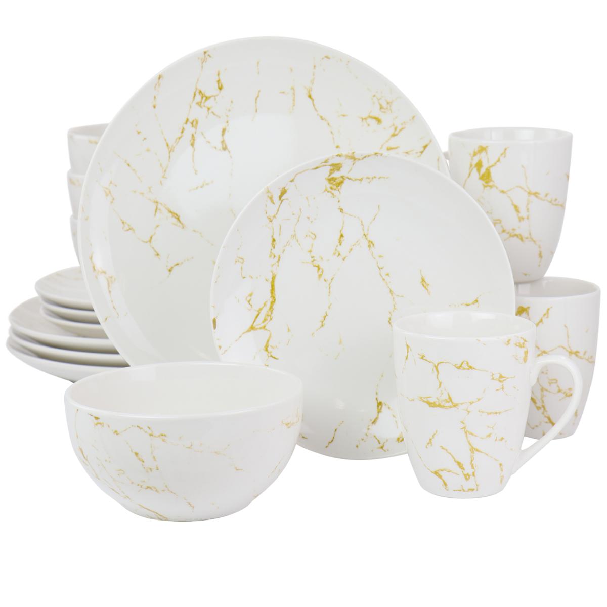 Elama Fine Marble 16Piece Stoneware Dinnerware Set (Gold & White