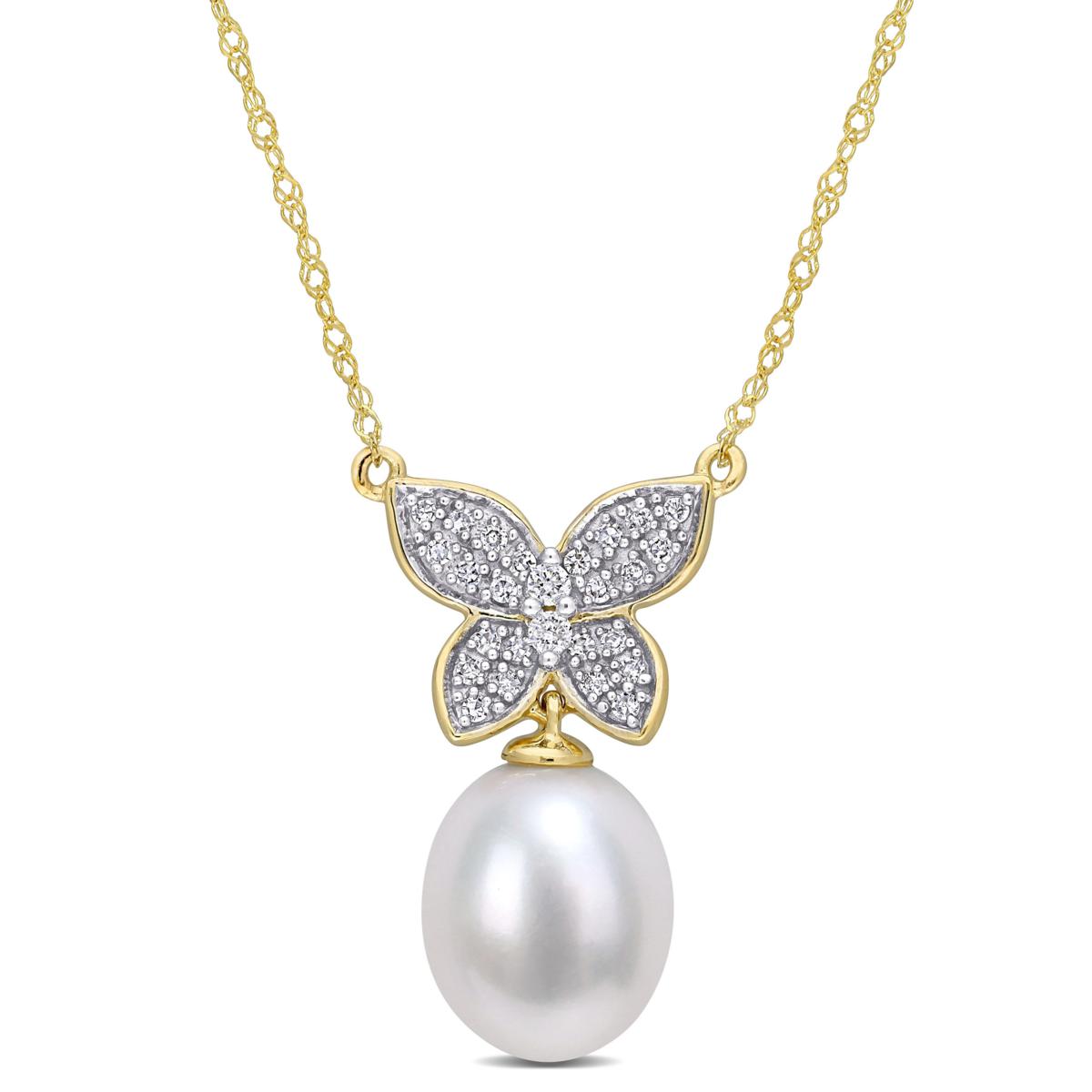 10K Gold 9-10mm Cultured Freshwater Pearl Diamond Butterfly Pendant