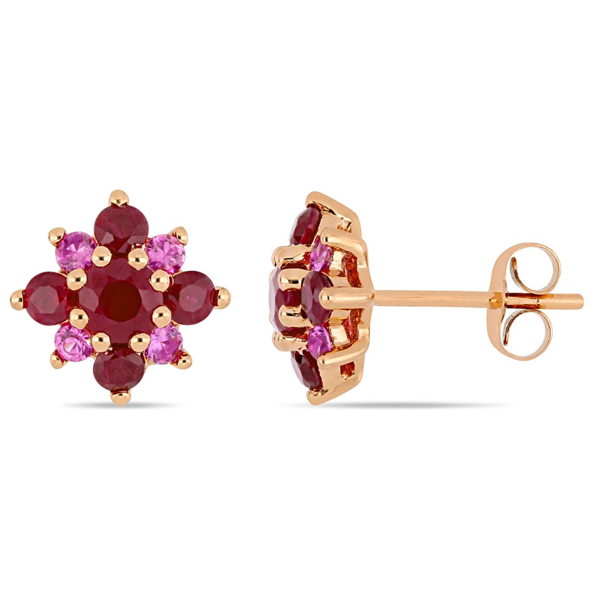 14K Rose Gold Ruby and Pink Sapphire Clustered Star Stud Earrings
