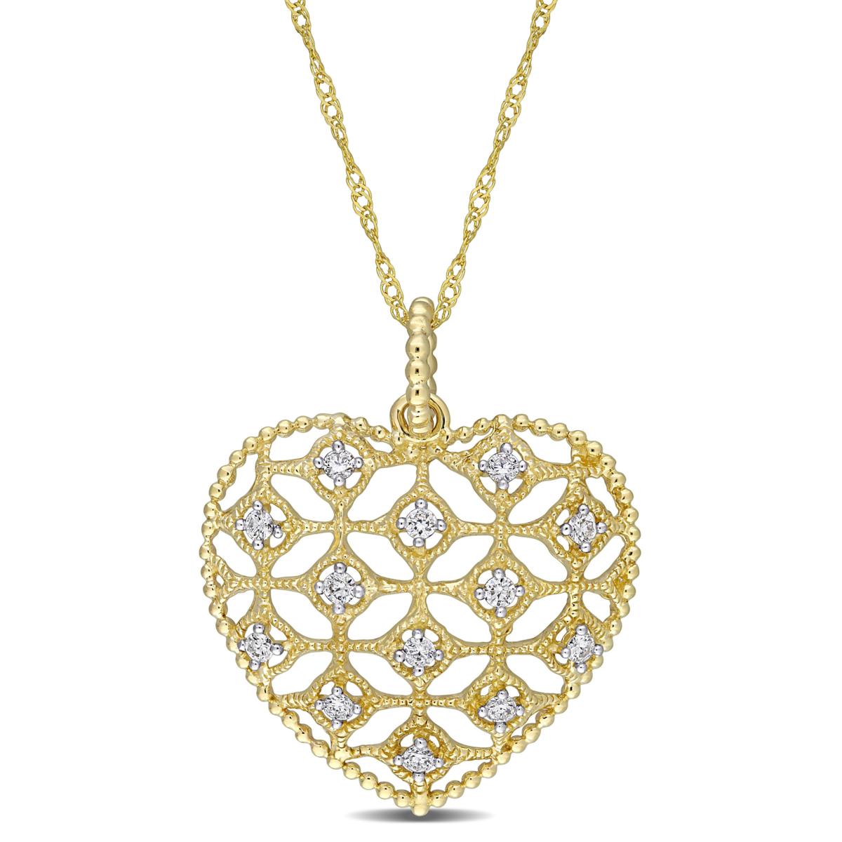 14K Yellow Gold 0.20ctw Diamond Openwork Lace Heart Pendant with Chain