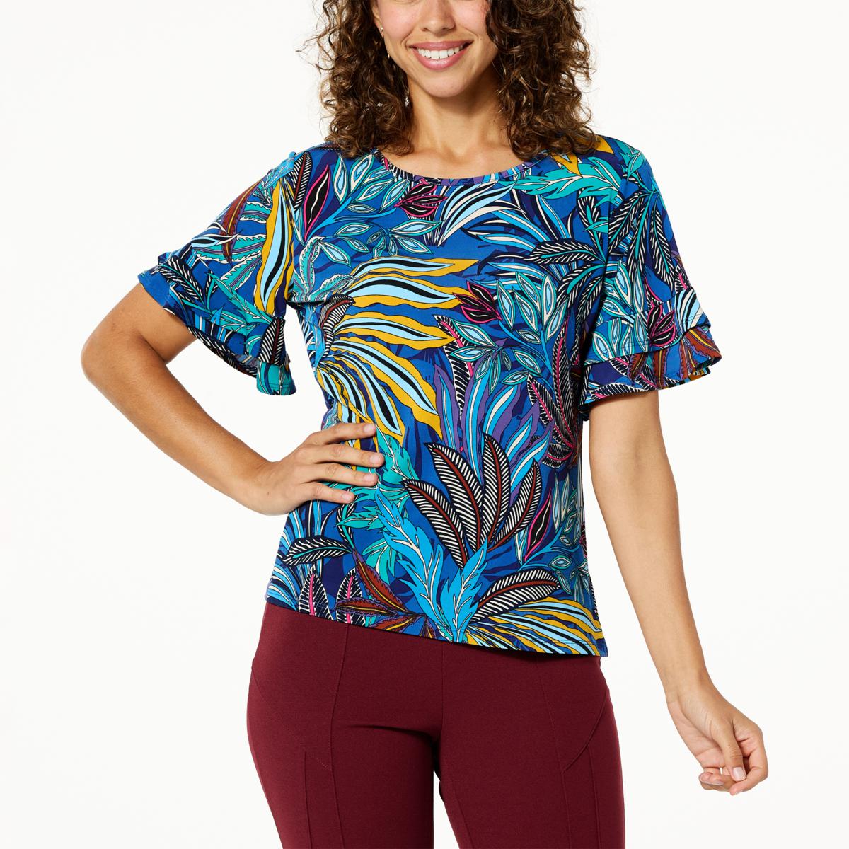 Antthony Printed Double Knit Ruffle-Sleeve Blouse - 20749984 | HSN