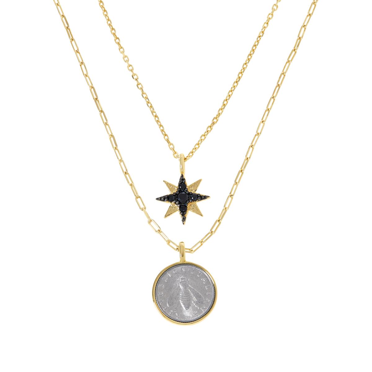 Bellezza Bee Lira Coin and North Star Pendants and Necklaces Set