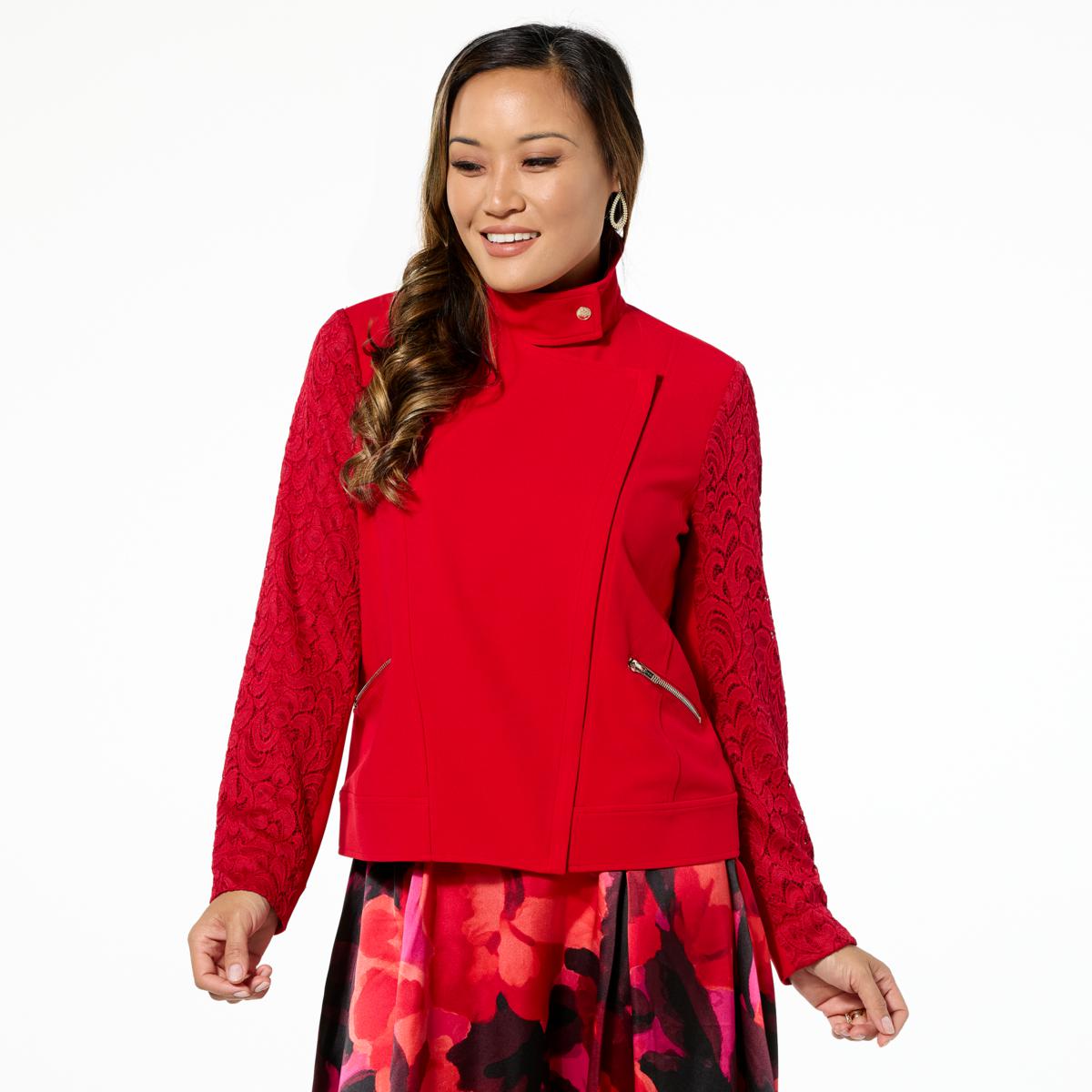C Wonder by Christian Siriano Lace Sleeve Crepe Knit Moto Jacket | HSN