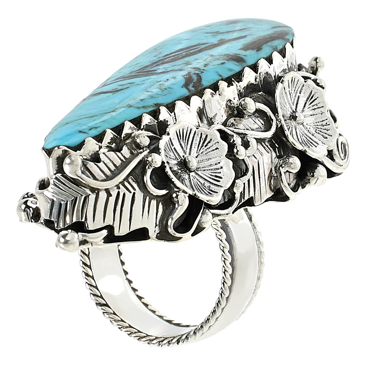 Chaco Canyon Kingman Turquoise Sterling Silver Flower Gallery Ring