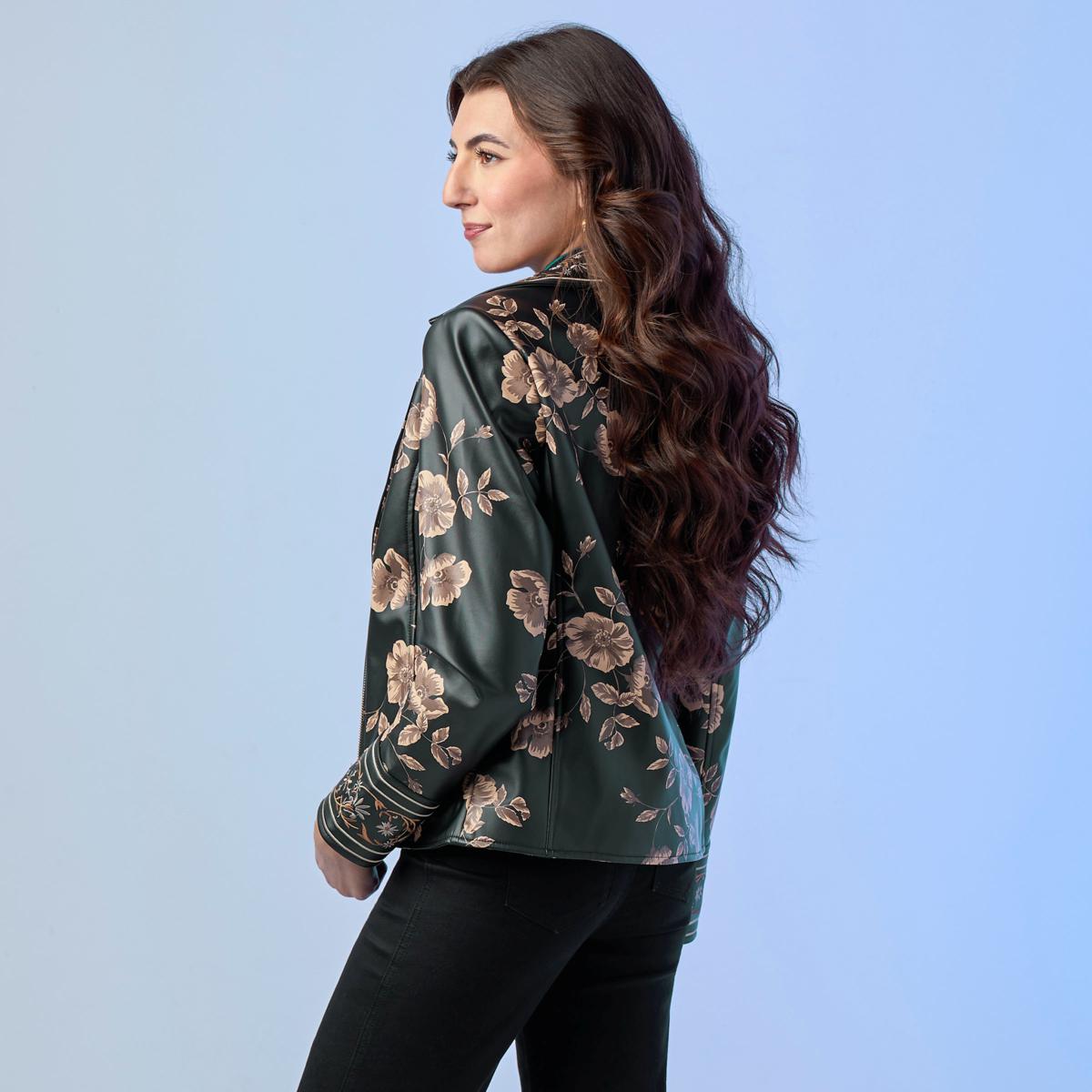 LOIS ジャケット Colleen Lopez Embroidered Faux Leather and Print Moto Jacket