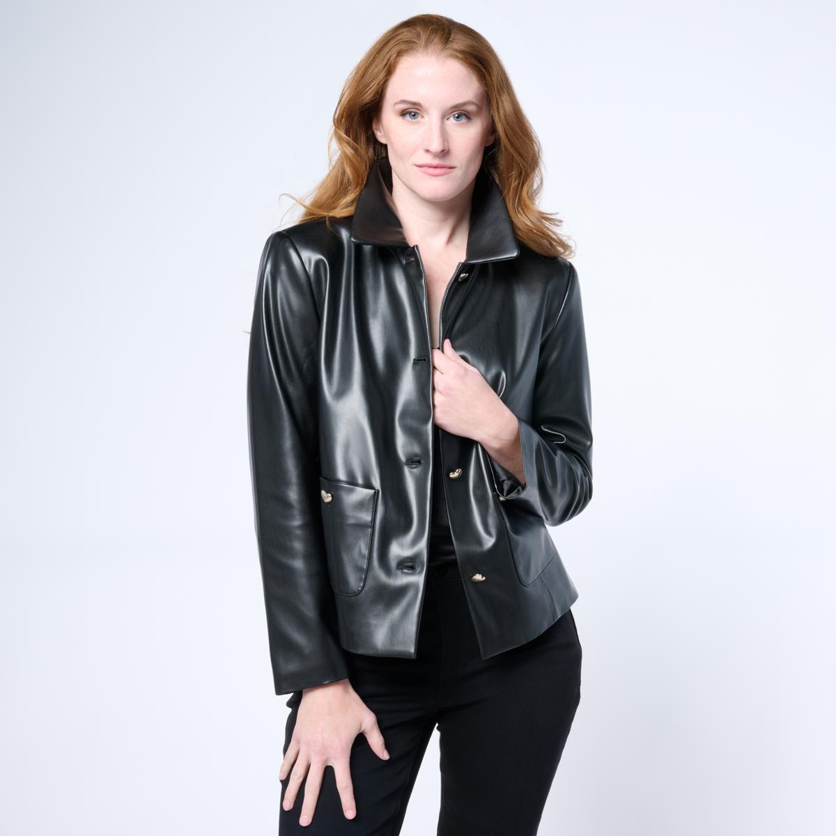 Colleen Lopez Faux Leather Jacket with Heart Buttons