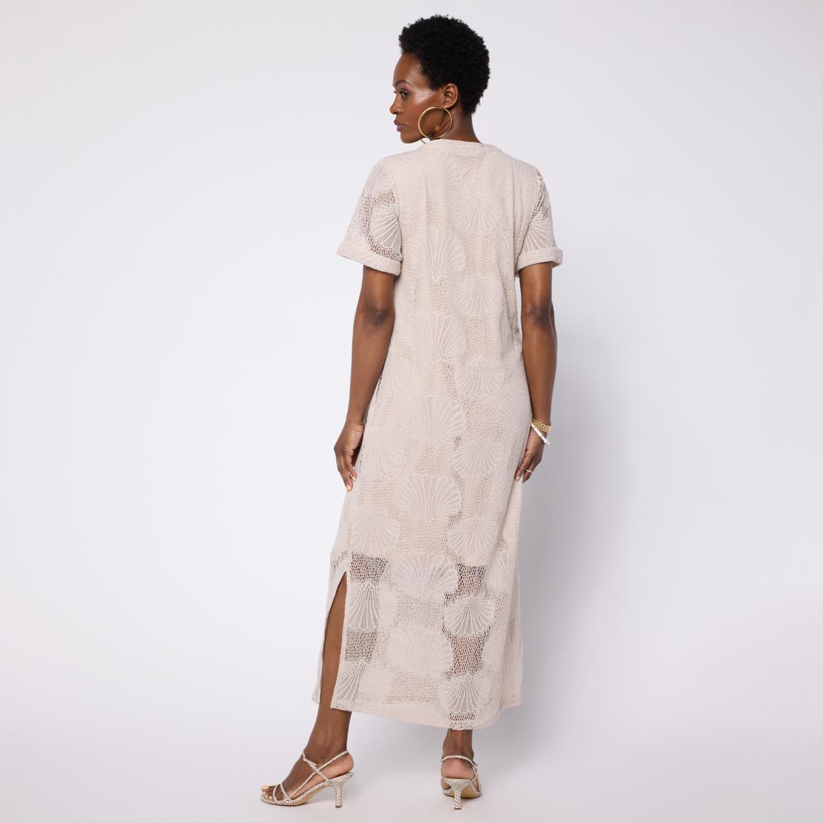Colleen Lopez Knit Crochet V-Neck Maxi Dress - Tan - Size Large